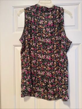 Rose & Olive Black Floral Sleeveless Blouse with Pink and White Flowers